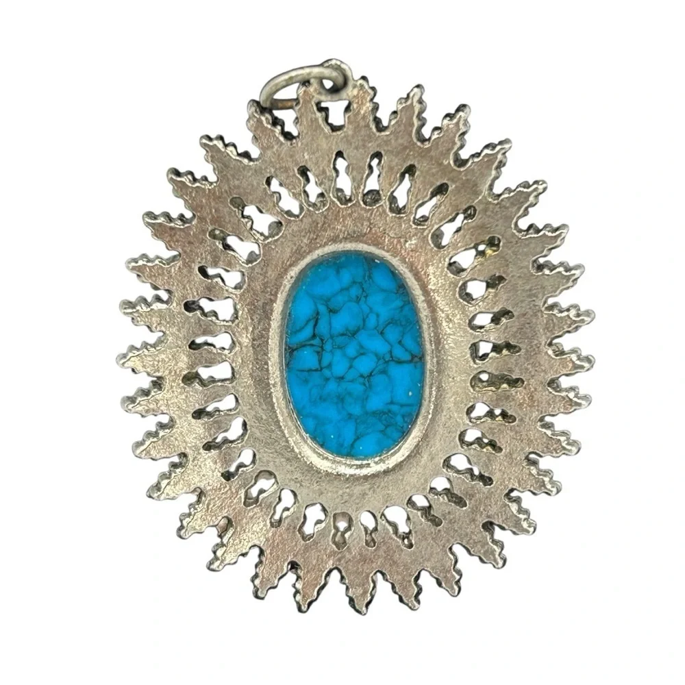 Vintage Silver Tone Turquoise Sunburst Pendant Southwestern Boho